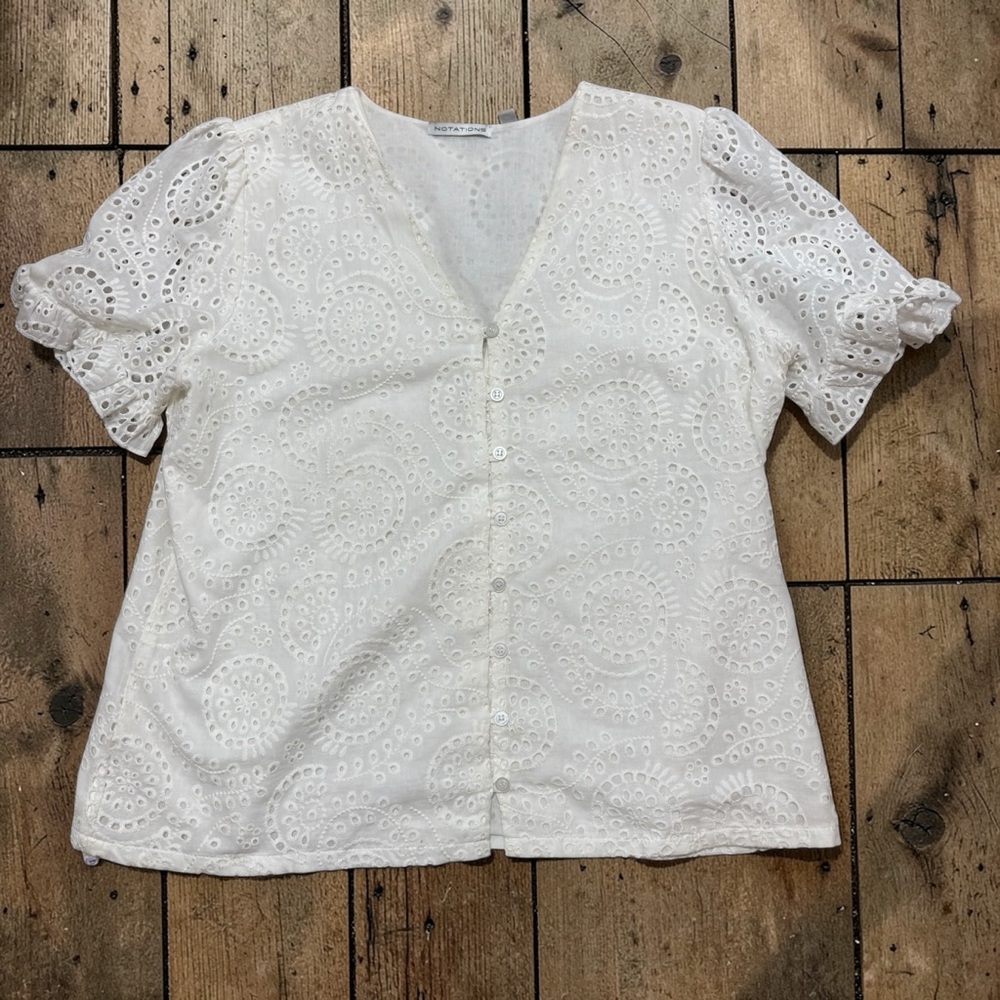 Notations White Eyelet Blouse XL Cotton Button Front Boho Cottagecore Top